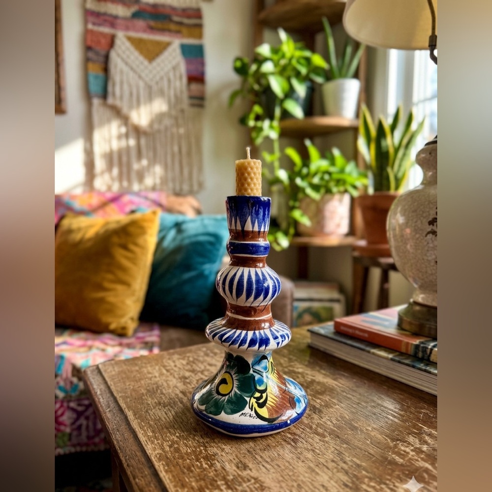 Vintage Hand-Painted Mexican Talavera Pottery Candle Holder